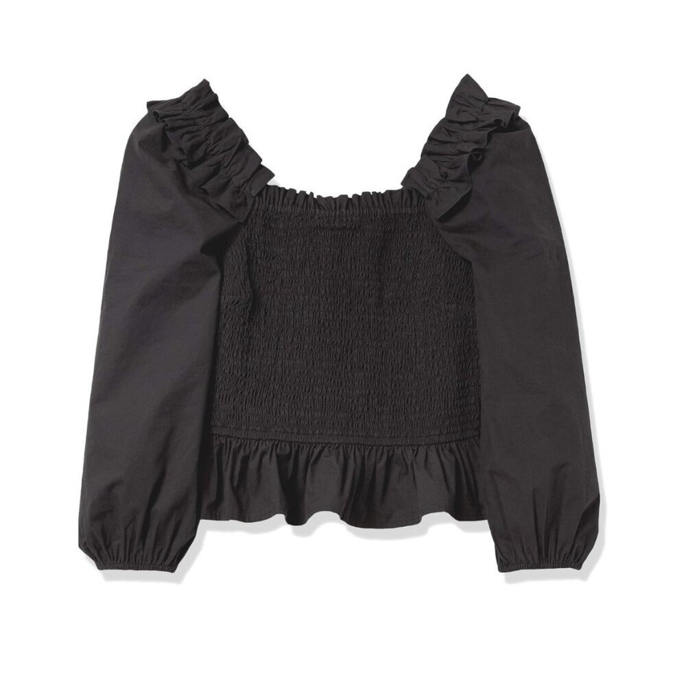 Womens Smocked Peplum Top With Ruffle Trim & 3/4 Sleeves - Black